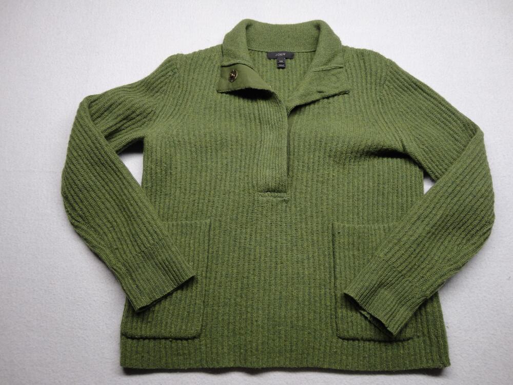 J.Crew Sweater Womens XXS Green 100% Lambswool Collared Pullover Chunky Knit